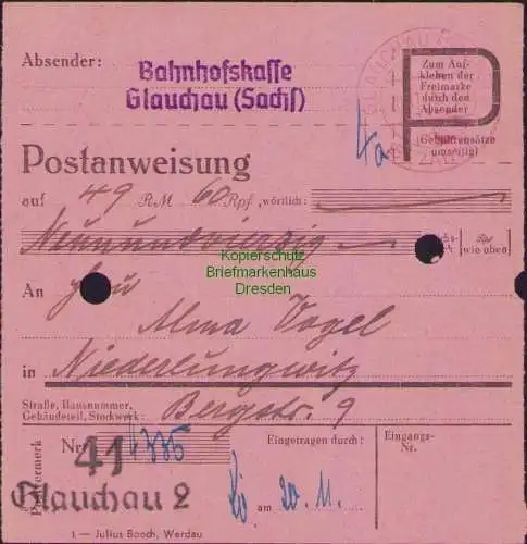 B16320  Gebühr bezahlt 1945 Postanweisung 41 Glauchau 2 20.11.45 nach Niederlung