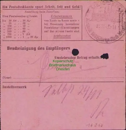 B16317  Gebühr bezahlt 1945 Postanweisung 41 Glauchau 2 21.11.45 nach Meißen Elb