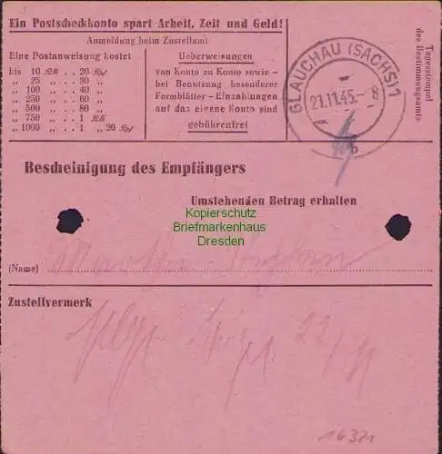 B16321  Gebühr bezahlt 1945 Postanweisung 41 Glauchau 2 20.11.45 innerhalb Glauc