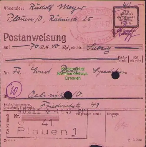 B16393 Gebühr bezahlt 1945 Postanweisung 41 Plauen 1f Nummerator 4.9.45 nach Oel