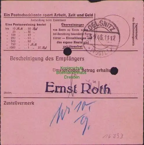 B16393 Gebühr bezahlt 1945 Postanweisung 41 Plauen 1f Nummerator 4.9.45 nach Oel