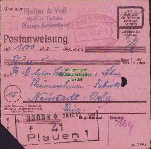 B16387 Gebühr bezahlt 1945 Postanweisung 41 Plauen 1f Nummerator 29.12.45 nach N