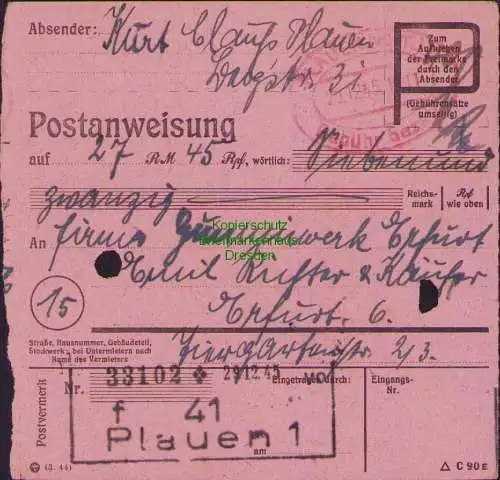 B16390 Gebühr bezahlt 1945 Postanweisung 41 Plauen 1f Nummerator 29.12.45 nach E