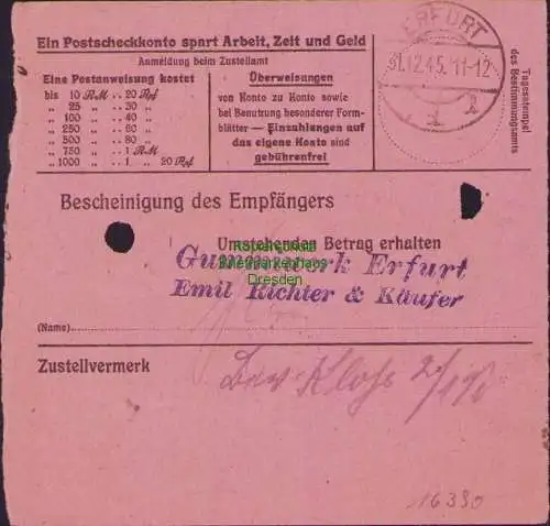 B16390 Gebühr bezahlt 1945 Postanweisung 41 Plauen 1f Nummerator 29.12.45 nach E