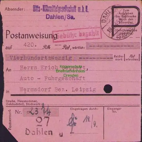 B16333 Gebühr bezahlt 1945 Postanweisung 27 Dahlen 19.9.45 nach Wermsdorf Bez. L