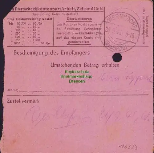 B16333 Gebühr bezahlt 1945 Postanweisung 27 Dahlen 19.9.45 nach Wermsdorf Bez. L