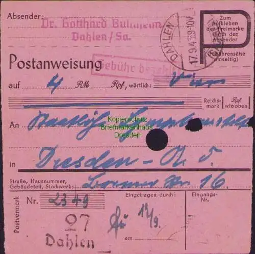 B16324  Gebühr bezahlt 1945 Postanweisung 27 Dahlen 17.9.45 nach Dresden A 1