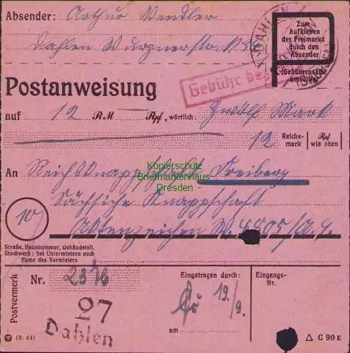 B16335 Gebühr bezahlt 1945 Postanweisung 27 Dahlen 19.9.45 nach Freiberg