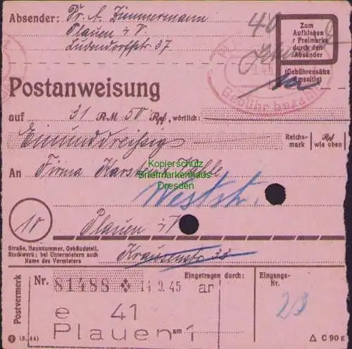 B16365 Gebühr bezahlt 1945 Postanweisung 41 Plauen 1e Nummerator 14.9.45 innerha