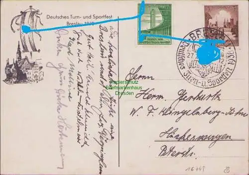 B16749 DR Deutsches Reich 1938 seltene Festpostkarte Turn- und Sportfest Breslau