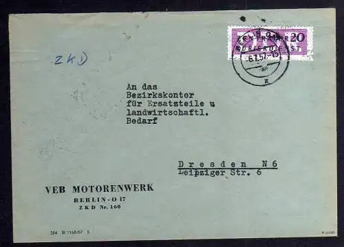 B1633 DDR Aufdruck Kontrollzahlen 1606 Berlin ZKD 15 Brief VEB Motorenwerk Berli