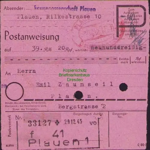 B16351 Gebühr bezahlt 1945 Postanweisung 41 Plauen 1f Nummerator 29.12.45 nach P