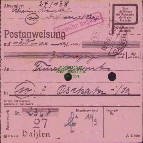 B16331 Gebühr bezahlt 1945 Postanweisung 27 Dahlen 18.9.45 nach Oschatz