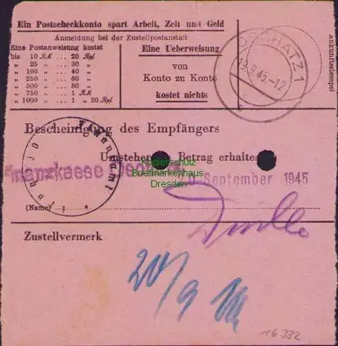 B16332 Gebühr bezahlt 1945 Postanweisung 27 Dahlen 18.9.45 nach Oschatz