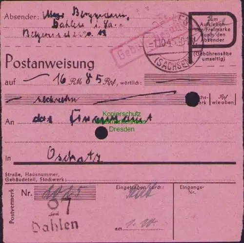 B16327 Gebühr bezahlt 1945 Postanweisung 27 Dahlen 1.10.45 nach Oschatz