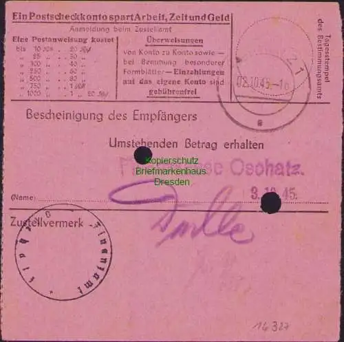 B16327 Gebühr bezahlt 1945 Postanweisung 27 Dahlen 1.10.45 nach Oschatz