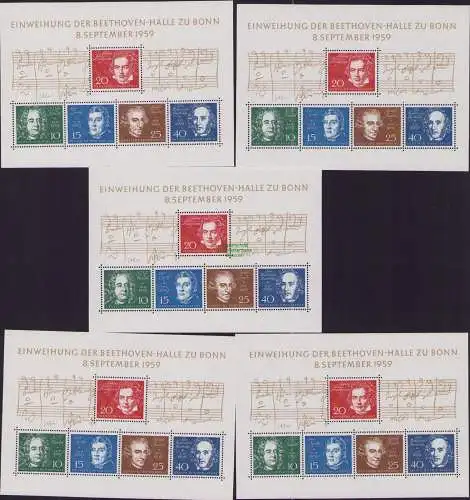 B16790 BRD 1959 Lot Block 2 Beethoven 5x **, 5x Ortsstempel, 2x SST Eröffnung