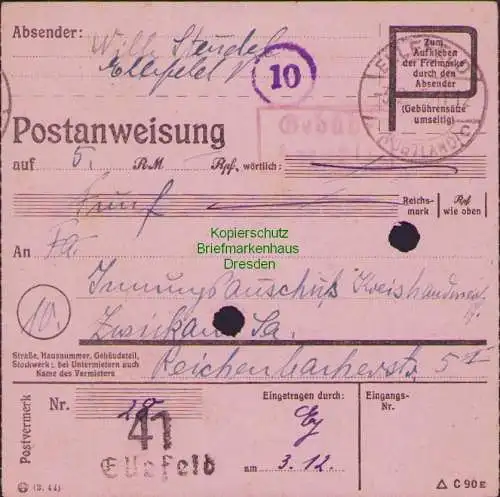 B16273 Gebühr bezahlt 1945 Postanweisung 41 Ellefeld 3.12.45 nach Zwickau