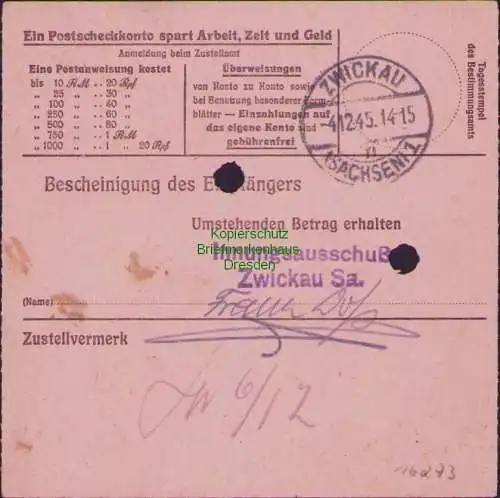 B16273 Gebühr bezahlt 1945 Postanweisung 41 Ellefeld 3.12.45 nach Zwickau