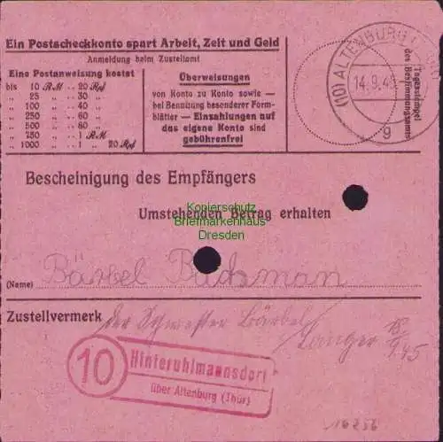 B16256 Gebühr bezahlt 1945 Postanweisung 27 Leipzig C4 Nummerator 11.9. nach Hin