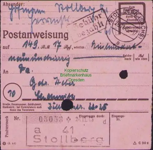 B16181 Gebühr bezahlt 1945 Postanweisung 41 Stollberg Nummerator 26.11.45 nach C