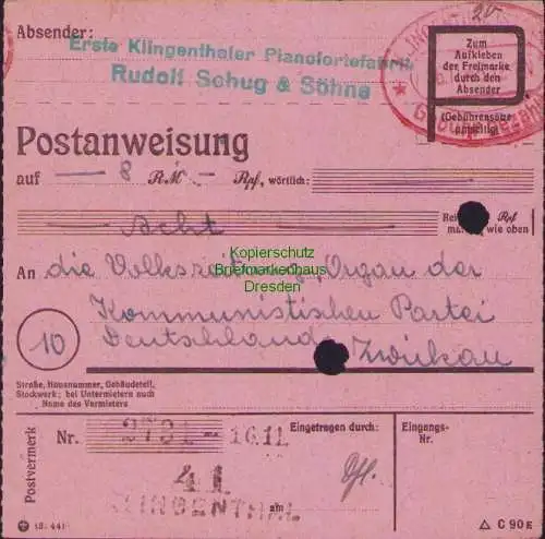 B16194 Gebühr bezahlt 1945 Postanweisung 41 Klingenthal Nummerator 16.11.45 nach