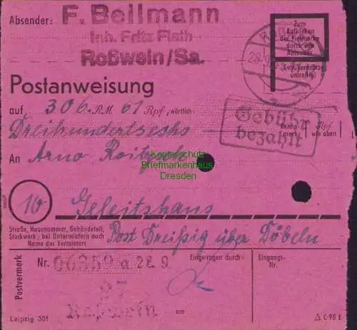 B16160 Gebühr bezahlt 1945 Postanweisung 27 Roßwein Nummerator 28.9.45 nach Gele