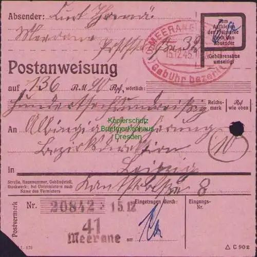 B16188 Gebühr bezahlt 1945 Postanweisung 41 Meerane Nummerator 15.12.45 nach Lei