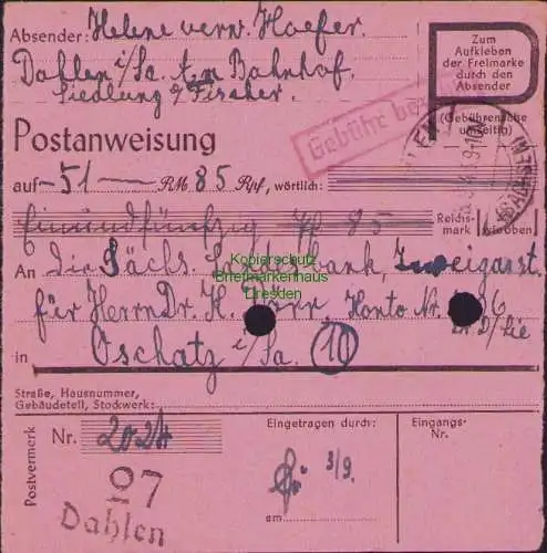 B16250 Gebühr bezahlt 1945 Postanweisung 27 Dahlen 3.9.45 nach Oschatz