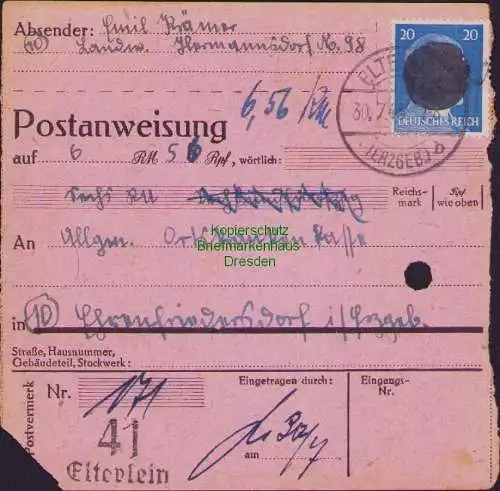 B16147 Sächsische Schwärzung 1945 Postanweisung 41 Elterlein 30.7.45 20 Pfg. nac