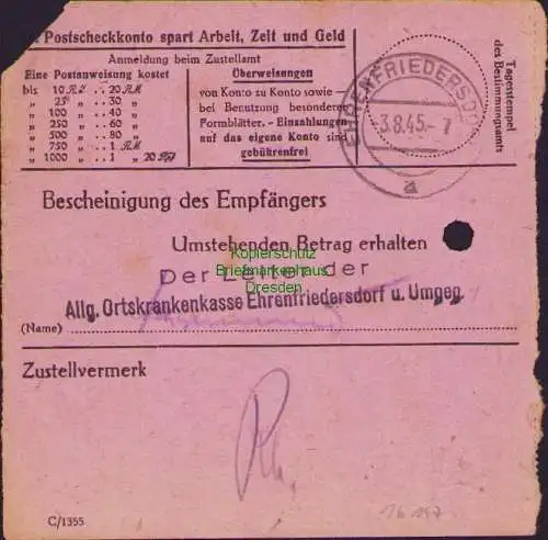 B16147 Sächsische Schwärzung 1945 Postanweisung 41 Elterlein 30.7.45 20 Pfg. nac