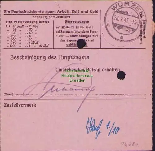 B16281 Gebühr bezahlt 1945 Postanweisung 27 Golzern Mulde 27.9.45 nach Wurzen