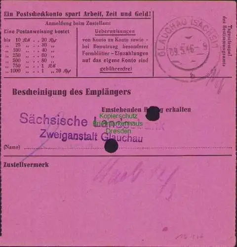 B16176 Gebühr bezahlt 1946 Postanweisung 41 Glauchau 7.3.46 Thurm nach Glauchau