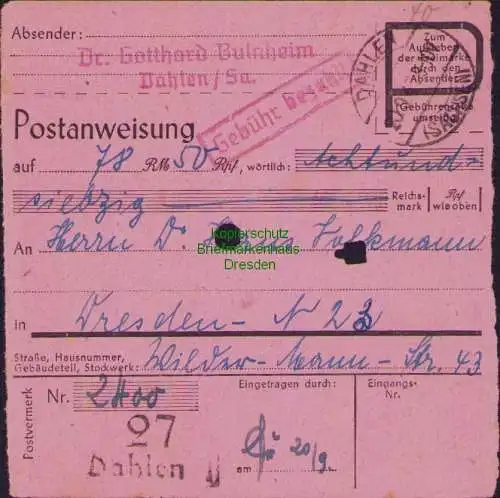 B16251 Gebühr bezahlt 1945 Postanweisung 27 Dahlen 20.9.45 nach Dresden