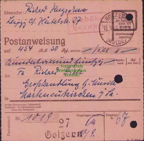 B16286 Gebühr bezahlt 1945 Postanweisung 27 Golzern Mulde 11.9.45 nach Markneuki