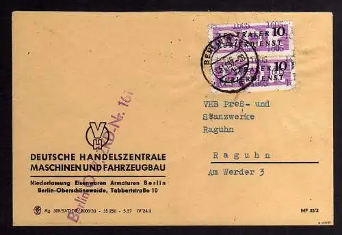 B1623 DDR Aufdruck Kontrollzahlen 1605 Berlin ZKD 2x 10 Brief Maschinen und Fahr