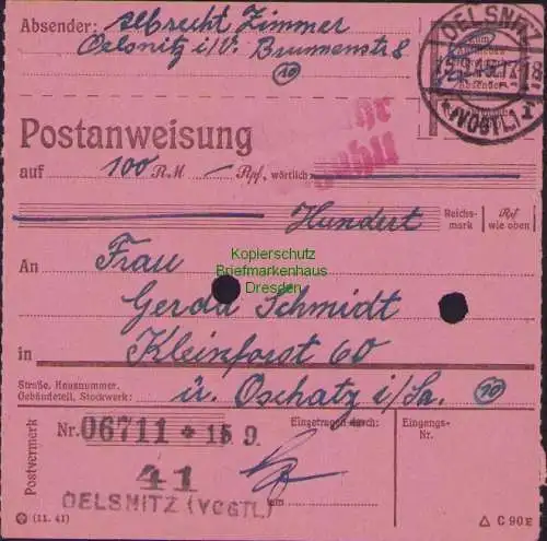 B16214 Gebühr bezahlt 1945 Postanweisung 41 Oelsnitz Vogtl. Nummerator 15.9.45 n