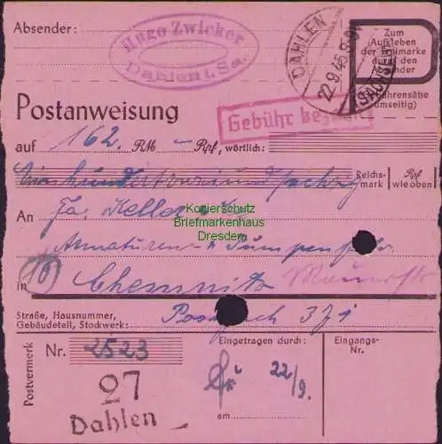 B16249 Gebühr bezahlt 1945 Postanweisung 27 Dahlen 22.9.45 nach Chemnitz