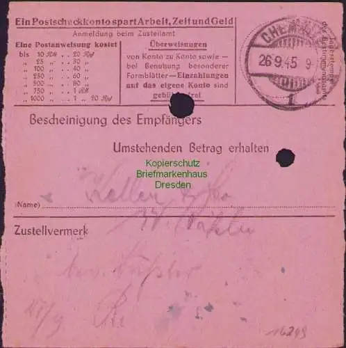 B16249 Gebühr bezahlt 1945 Postanweisung 27 Dahlen 22.9.45 nach Chemnitz