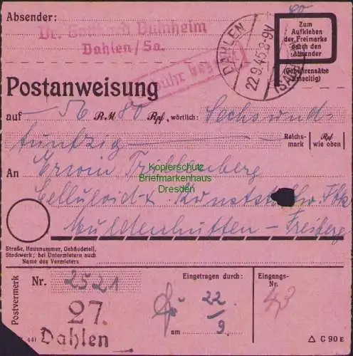 B16246 Gebühr bezahlt 1945 Postanweisung 27 Dahlen 22.9.45 nach Muldenhütten Kr.