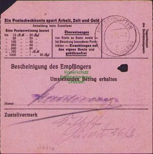 B16246 Gebühr bezahlt 1945 Postanweisung 27 Dahlen 22.9.45 nach Muldenhütten Kr.