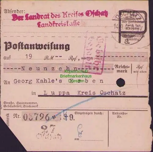 B16243 Gebühr bezahlt 1945 Postanweisung 27 Oschatz Nummerator 13.9.45 nach Lupp