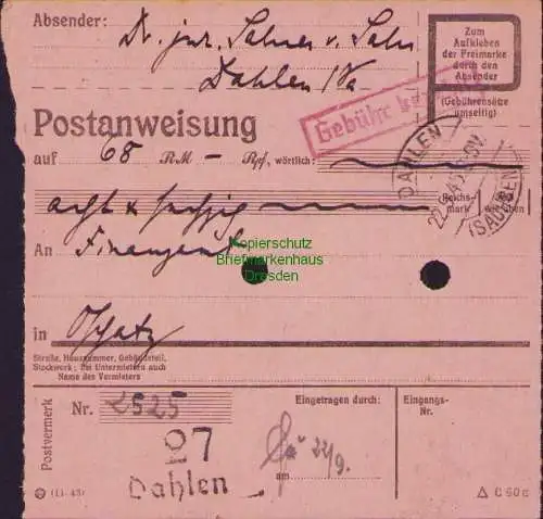 B16244 Gebühr bezahlt 1945 Postanweisung 27 Dahlen 22.9.45 nach Oschatz