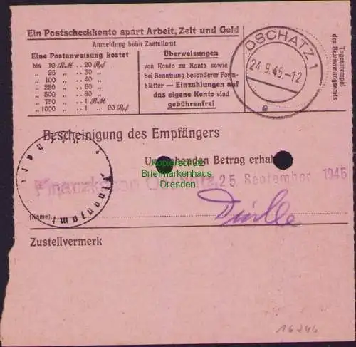 B16244 Gebühr bezahlt 1945 Postanweisung 27 Dahlen 22.9.45 nach Oschatz