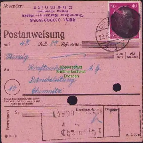 B16162 Gebühr bezahlt 1945 Postanweisung 41 Chemnitz Nummerator 29.6.45