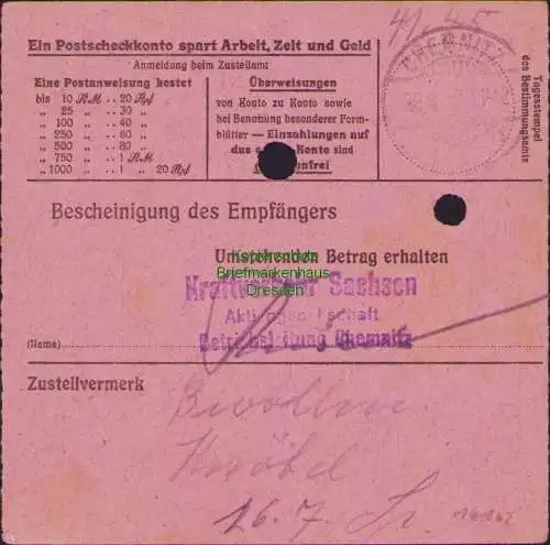 B16162 Gebühr bezahlt 1945 Postanweisung 41 Chemnitz Nummerator 29.6.45