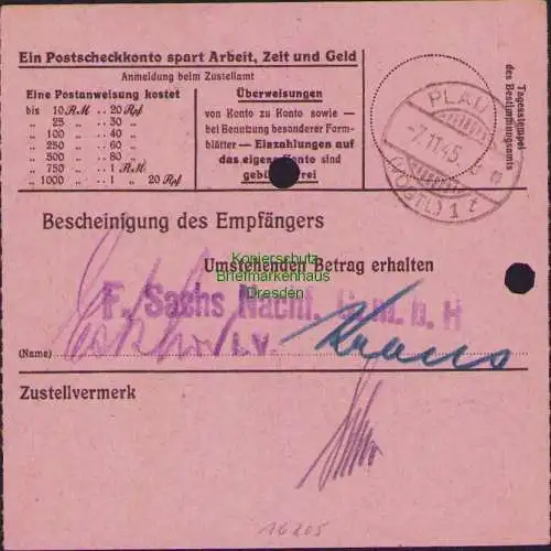 B16205 Gebühr bezahlt 1945 Postanweisung 41 Klingenthal Nummerator 5.11.45 nach