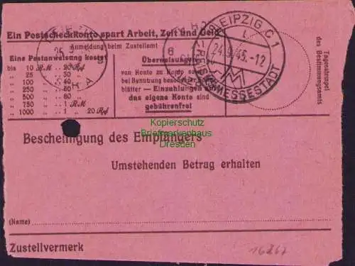 B16267 Gebühr bezahlt 1945 Postanweisung 27 Leipzig C1 c Nummerator 23.9.45 inne