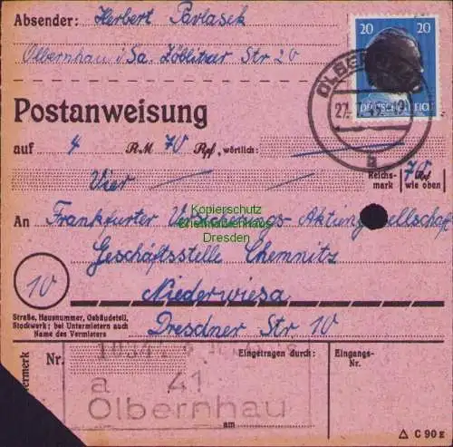 B16148 Sächsische Schwärzung 1945 Postanweisung 41 Olbernhau Nummerator 27.7.45