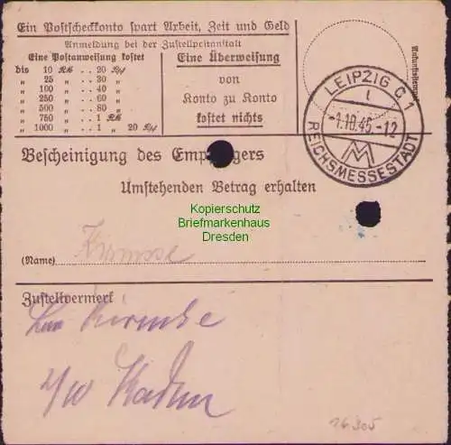 B16305  Gebühr bezahlt 1945 Postanweisung 27 Wurzen Nummerator 27.9.45 nach Leip